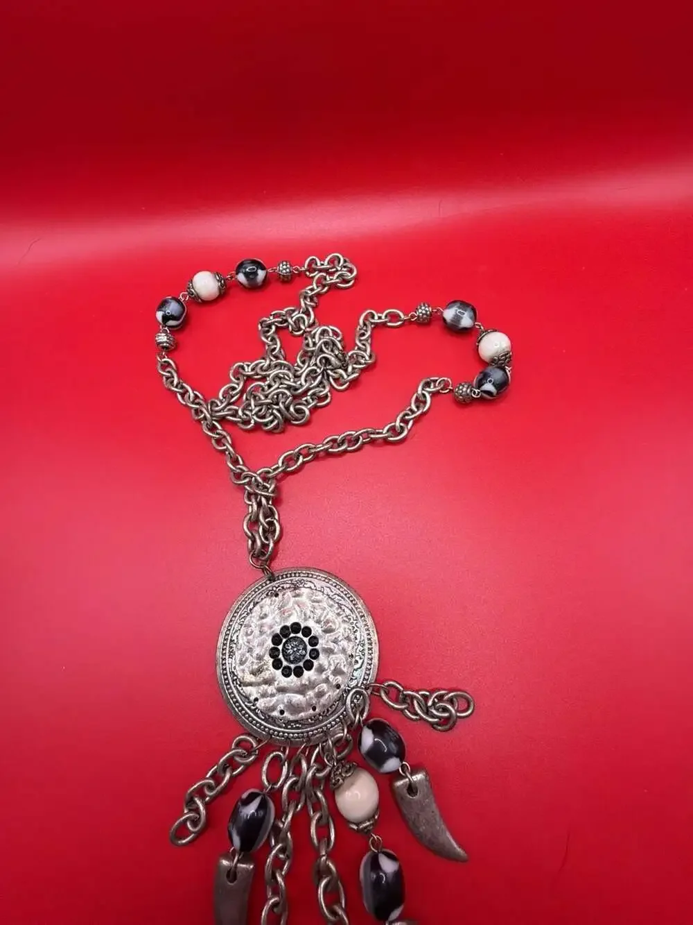 Boho Silver-Tone Multi-Chain Necklace With Ornate Medallion Pendants